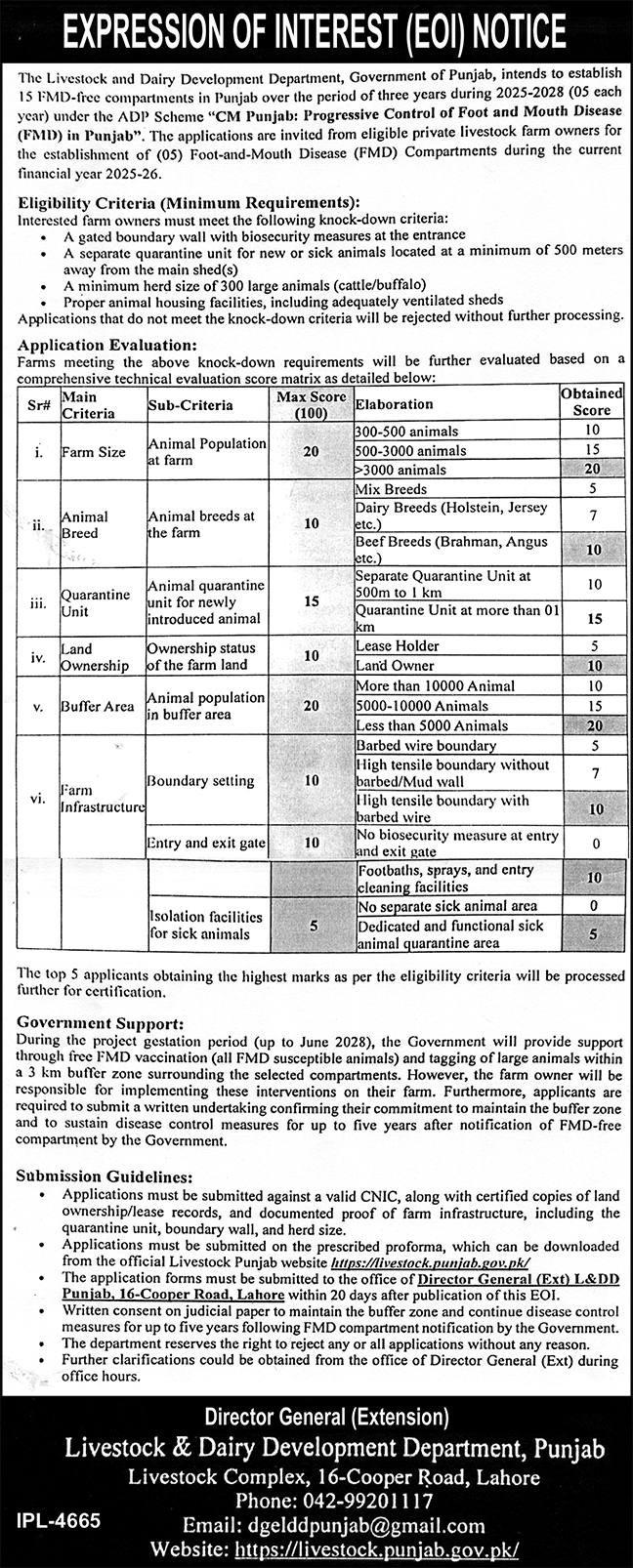 The Livestock & Dairy Development Department Tender Notice